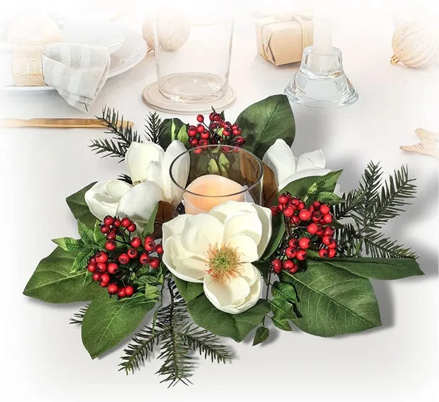 16" Beige, Red and Green Magnolia with Glass Hurricane Holder Candle Ring