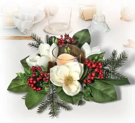 16" Beige, Red and Green Magnolia with Glass Hurricane Holder Candle Ring