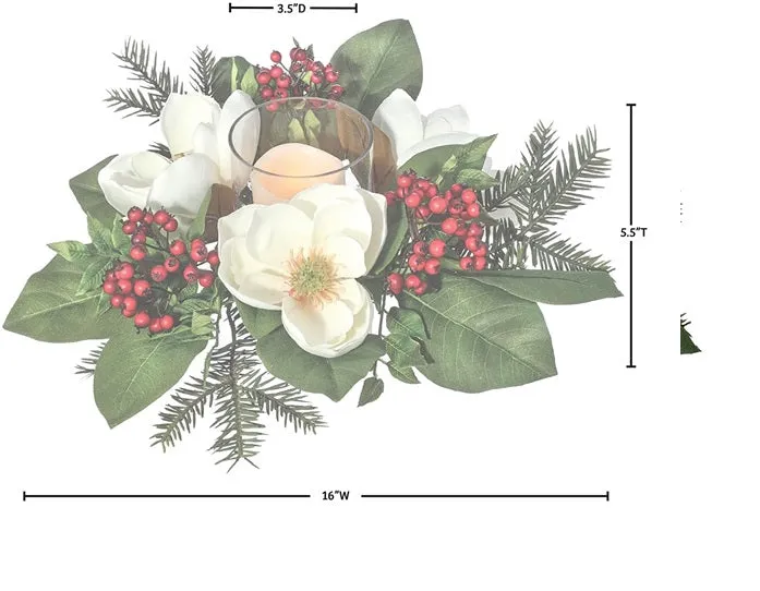 16" Beige, Red and Green Magnolia with Glass Hurricane Holder Candle Ring