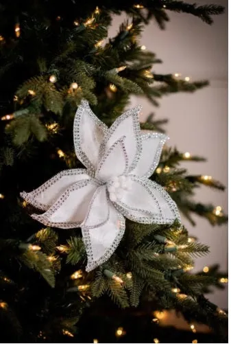 22" WHITE JEWELED EDGE VELVET POINSETTIA STEM