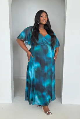 Curve teal watercolour printed angel sleeve wrap front maxi dress