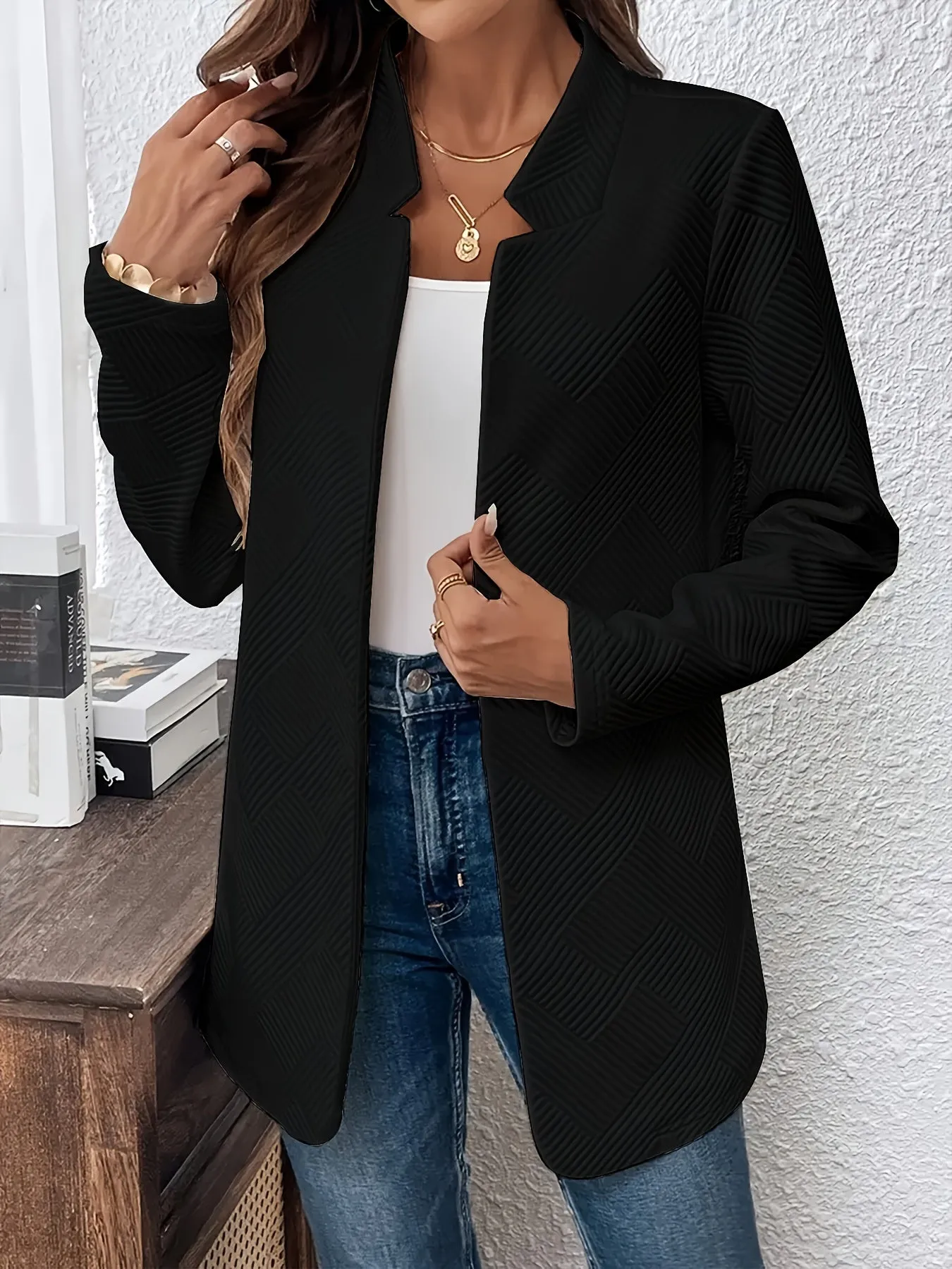 EMERIE | Solid Texture Open Front Blazer with Long Sleeves