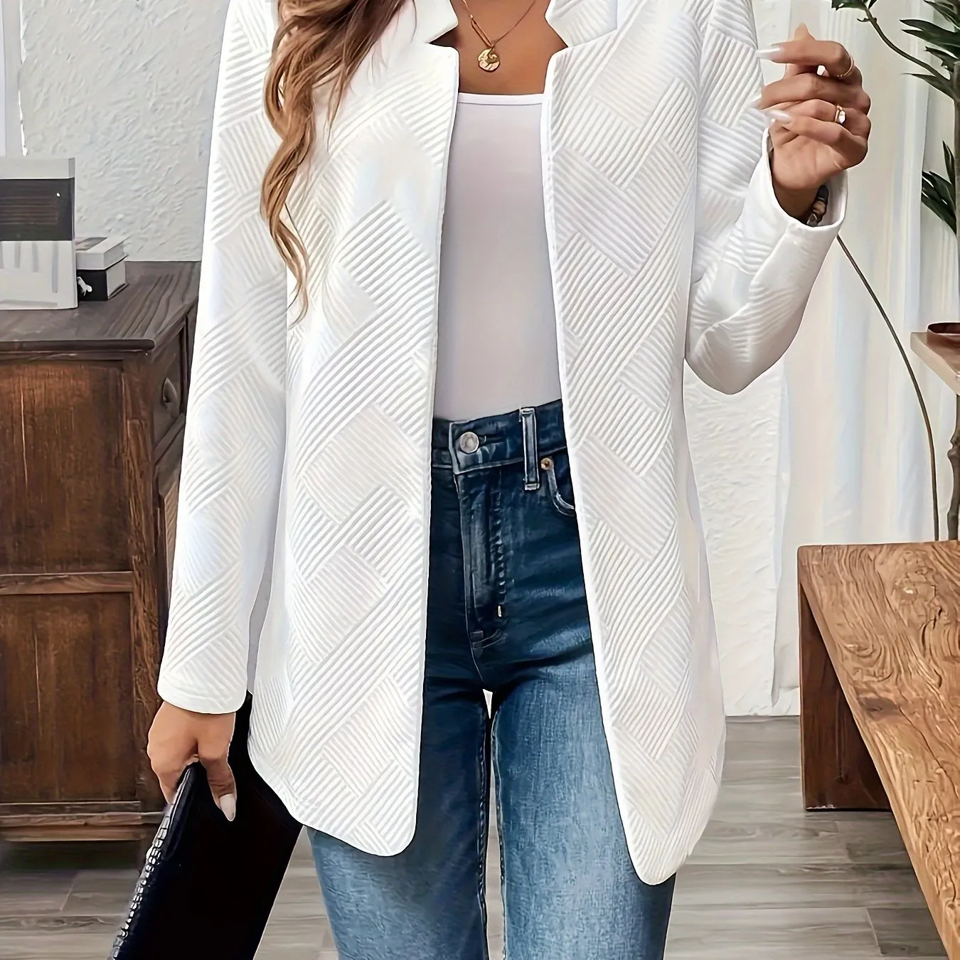 EMERIE | Solid Texture Open Front Blazer with Long Sleeves
