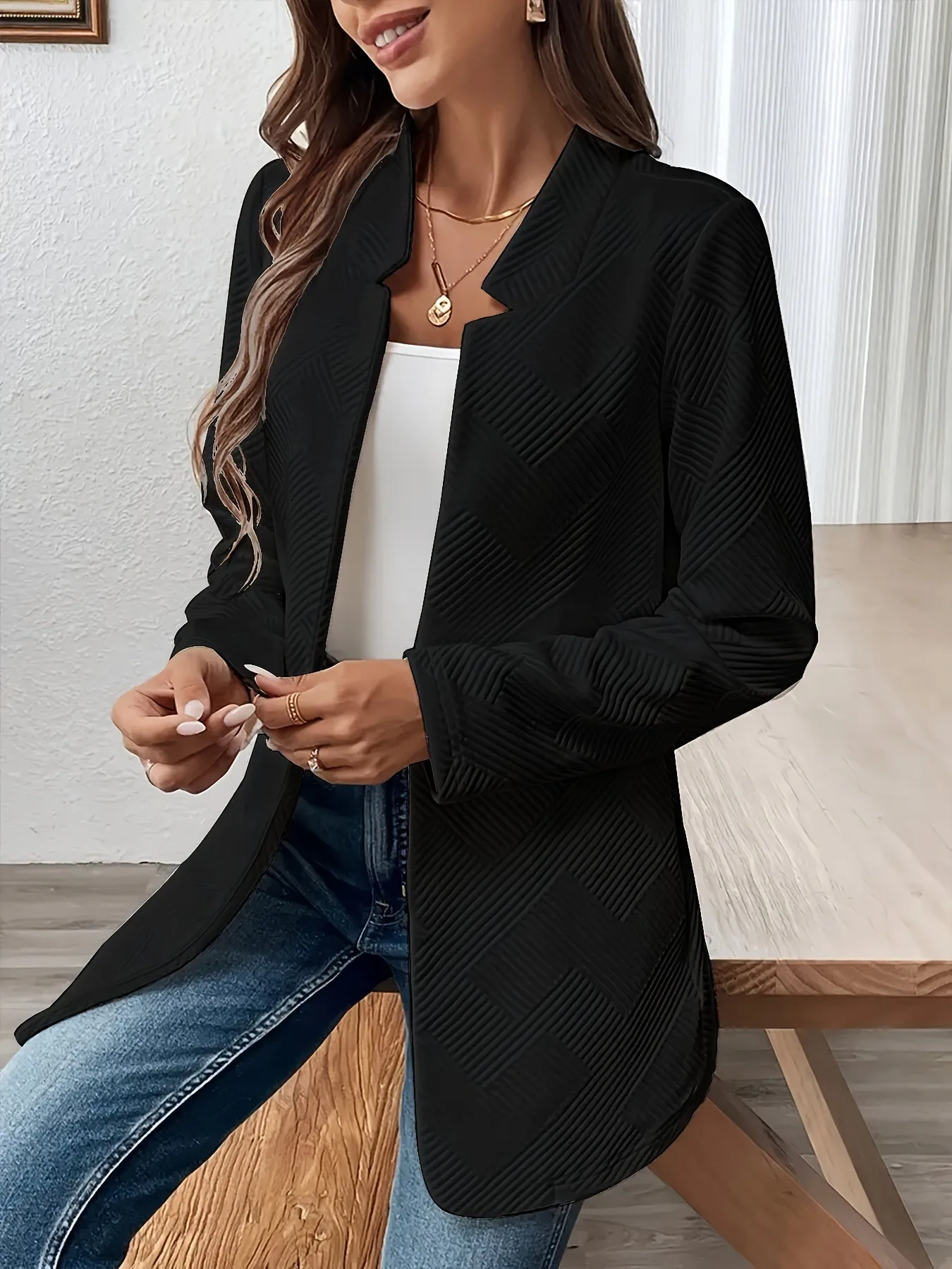 EMERIE | Solid Texture Open Front Blazer with Long Sleeves