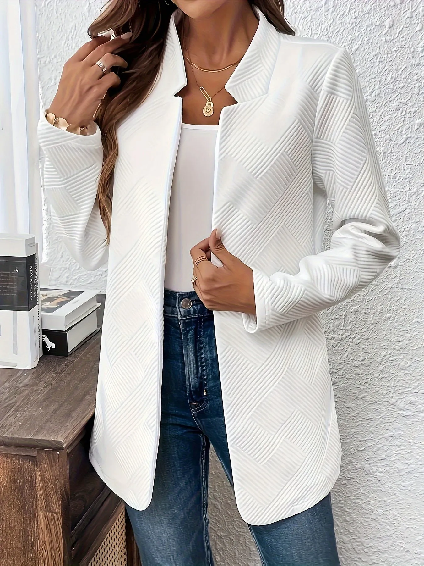 EMERIE | Solid Texture Open Front Blazer with Long Sleeves