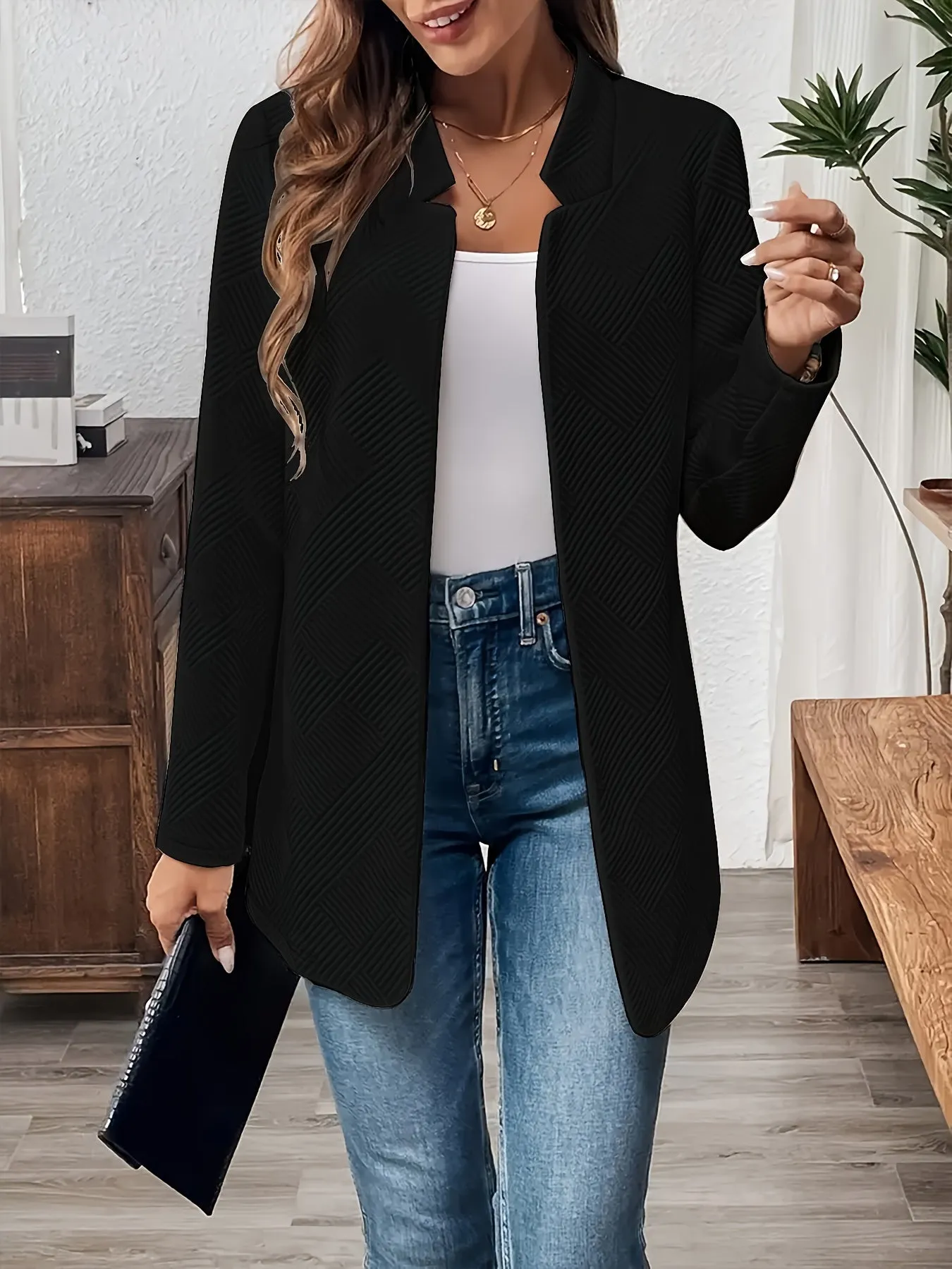 EMERIE | Solid Texture Open Front Blazer with Long Sleeves