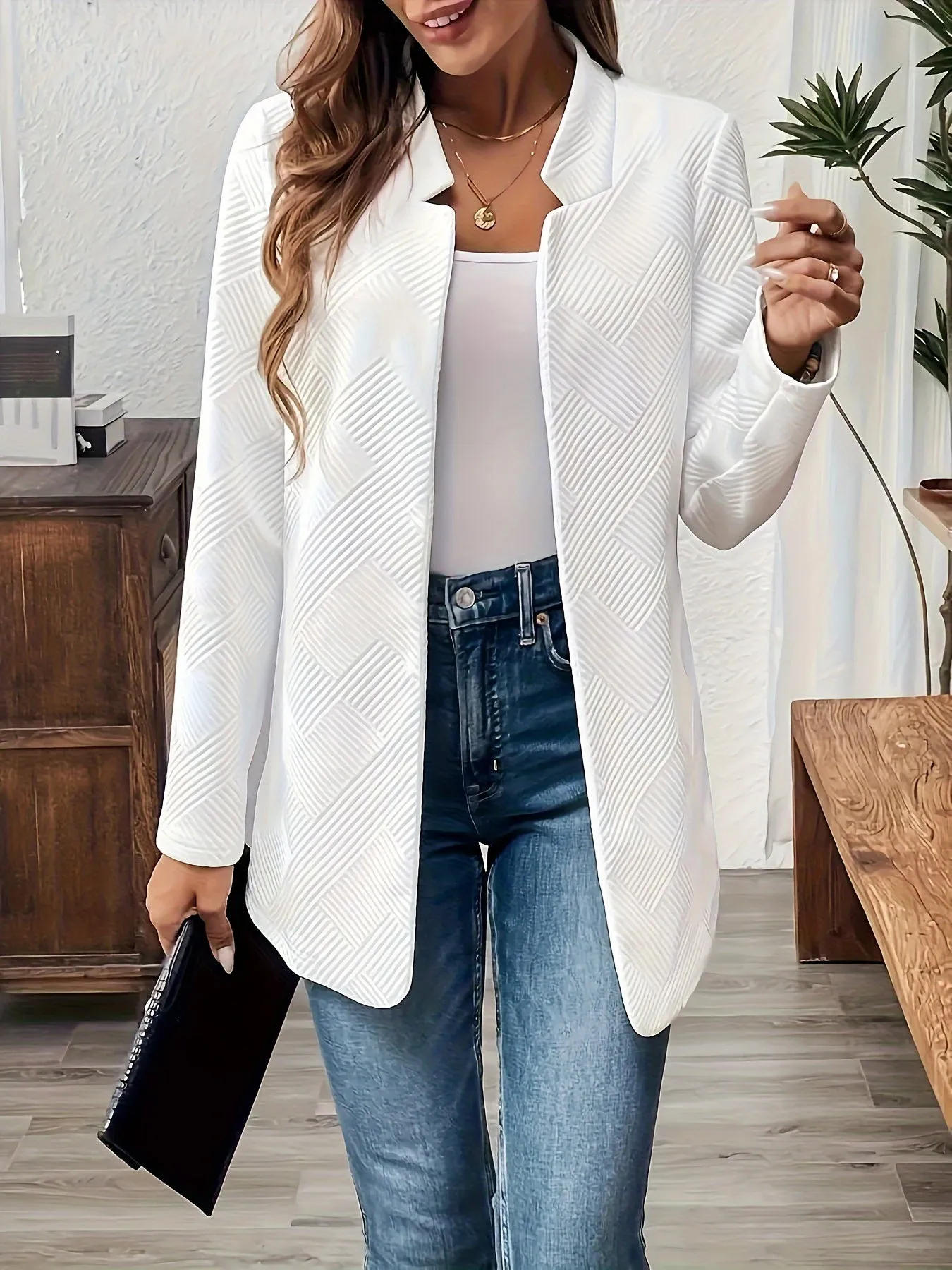 EMERIE | Solid Texture Open Front Blazer with Long Sleeves