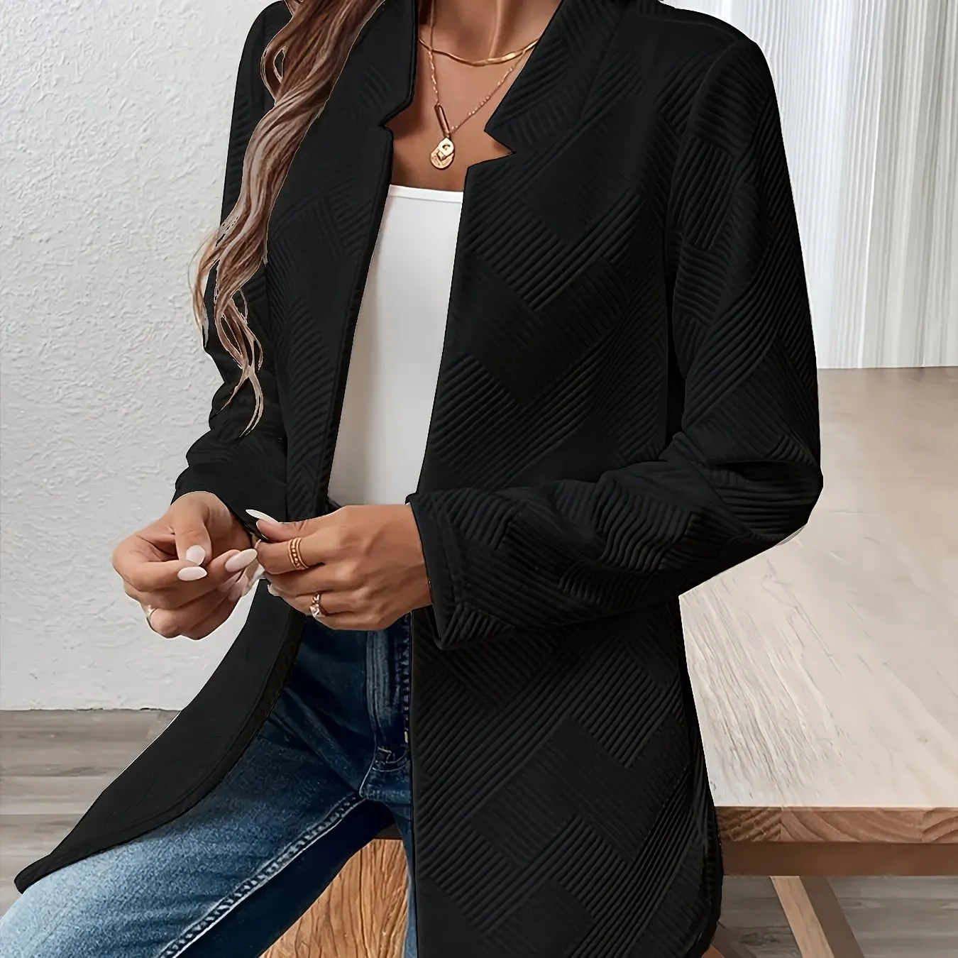 EMERIE | Solid Texture Open Front Blazer with Long Sleeves