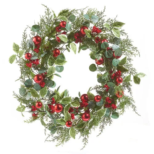 Raz Imports 2023 Heartfelt Holiday 24" Mixed Greenery And Berry And Ball Wreath