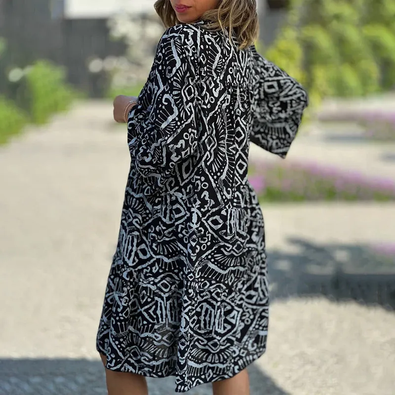 Seasonal Styles Casual Loose Printed V-Neck Flowy Dress