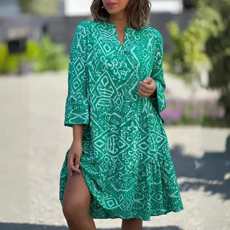 Seasonal Styles Casual Loose Printed V-Neck Flowy Dress