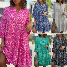 Seasonal Styles Casual Loose Printed V-Neck Flowy Dress