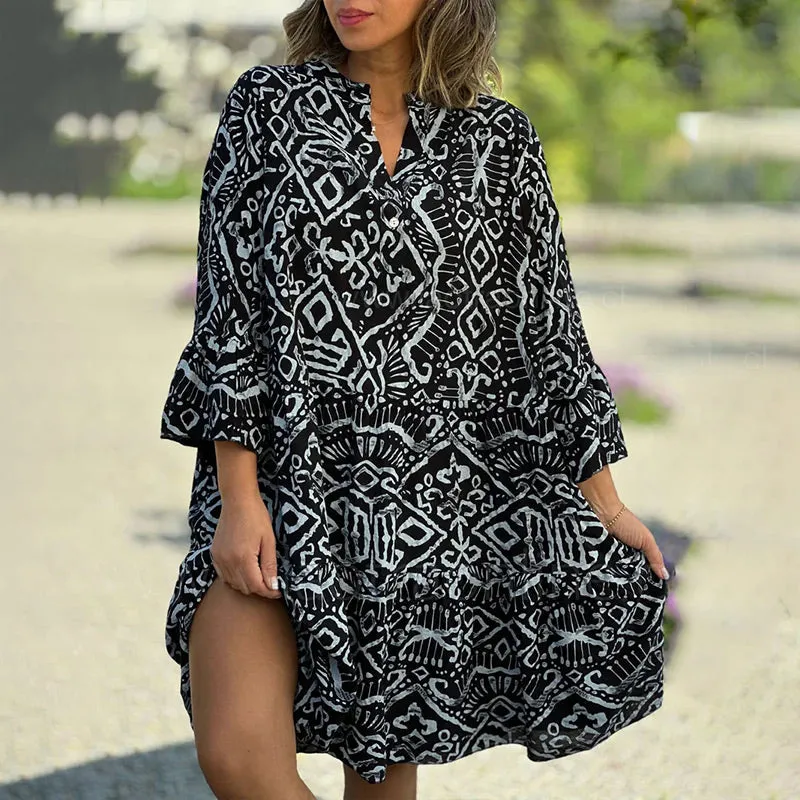 Seasonal Styles Casual Loose Printed V-Neck Flowy Dress