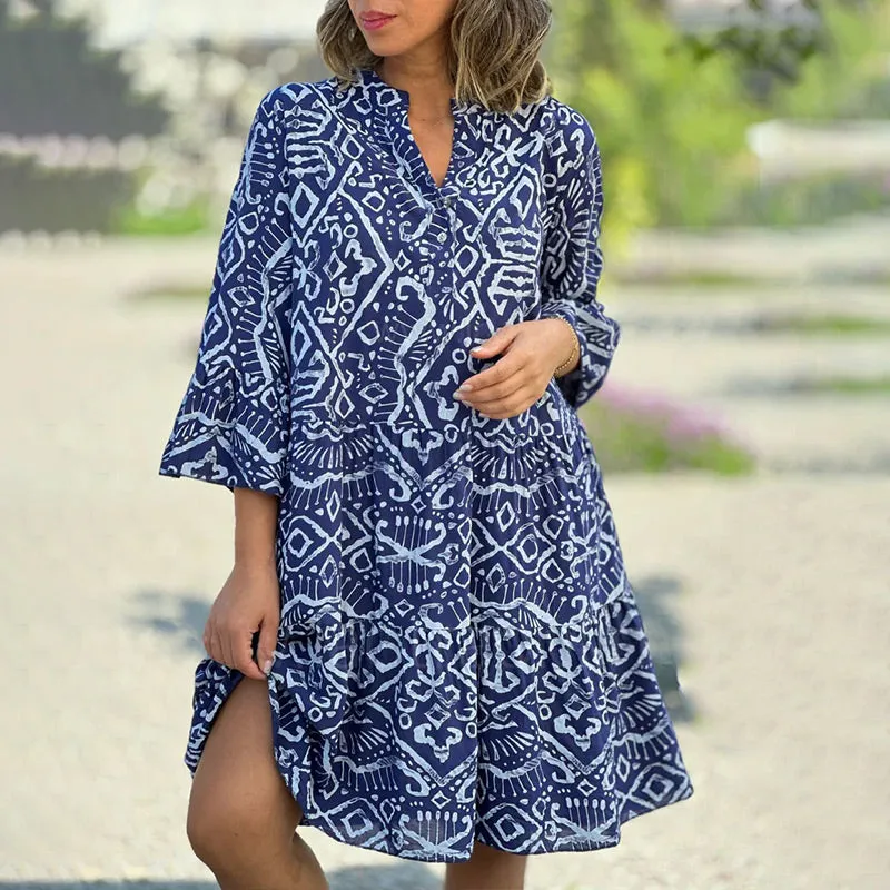 Seasonal Styles Casual Loose Printed V-Neck Flowy Dress