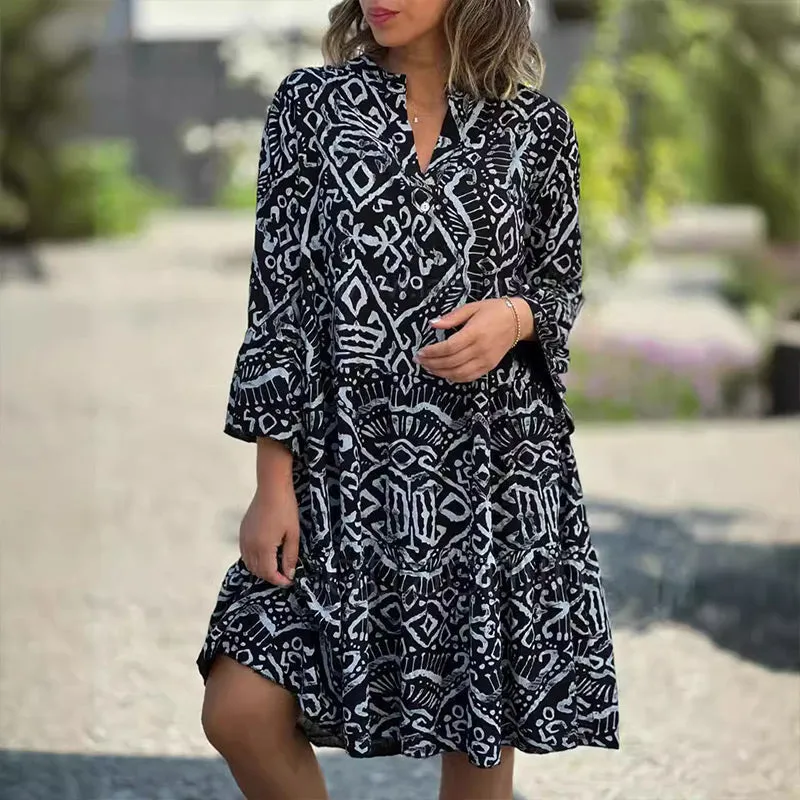 Seasonal Styles Casual Loose Printed V-Neck Flowy Dress