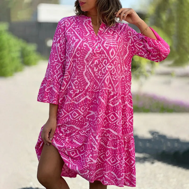 Seasonal Styles Casual Loose Printed V-Neck Flowy Dress