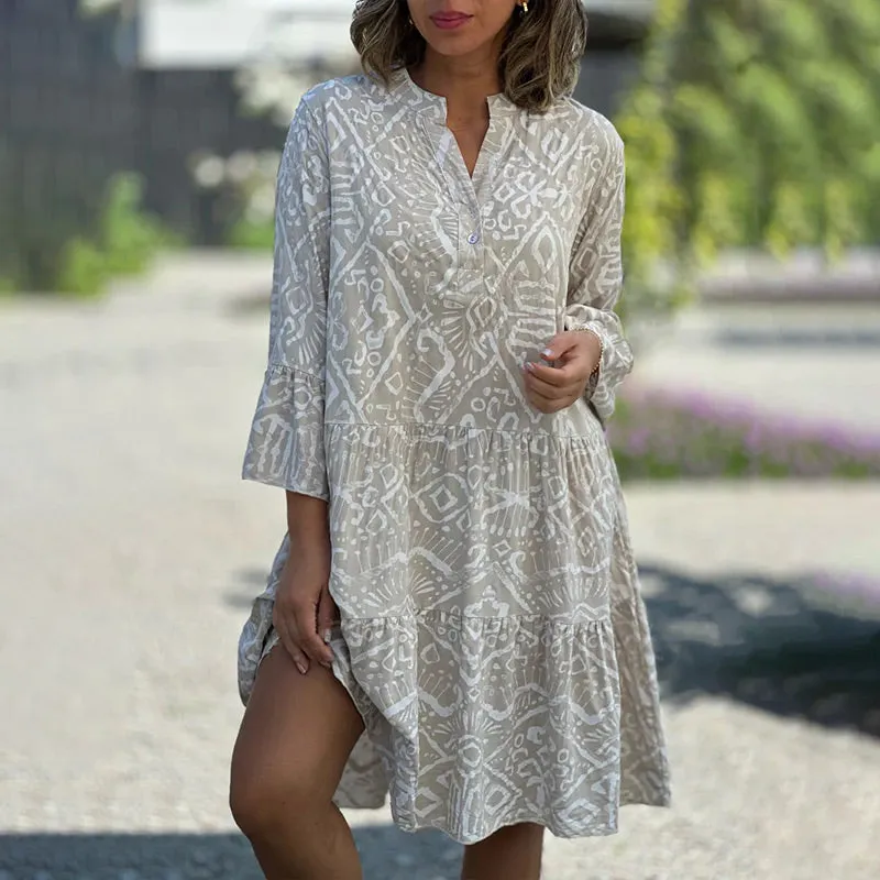 Seasonal Styles Casual Loose Printed V-Neck Flowy Dress