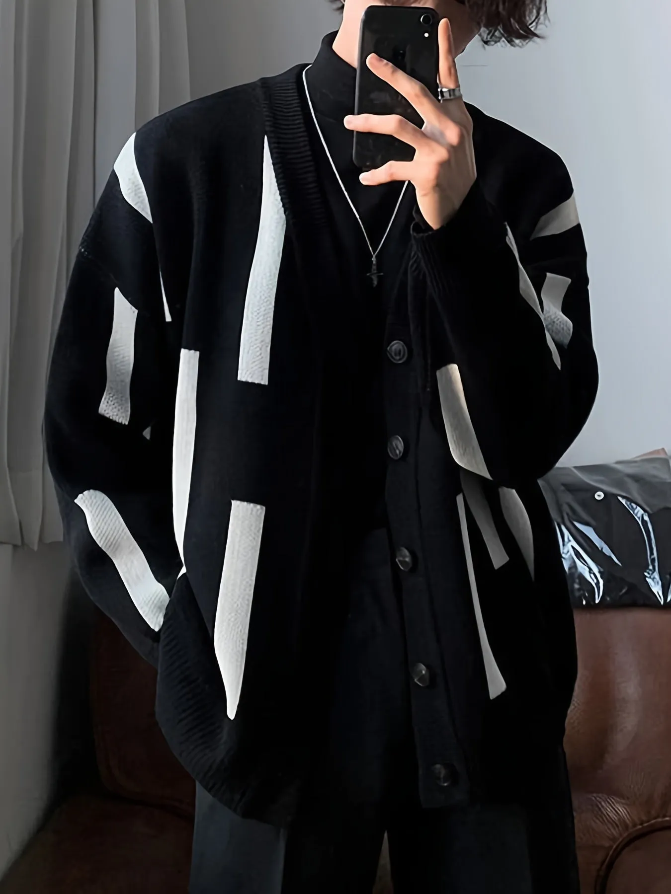 SOPREN | Geometric Knitted Cardigan with V-Neck