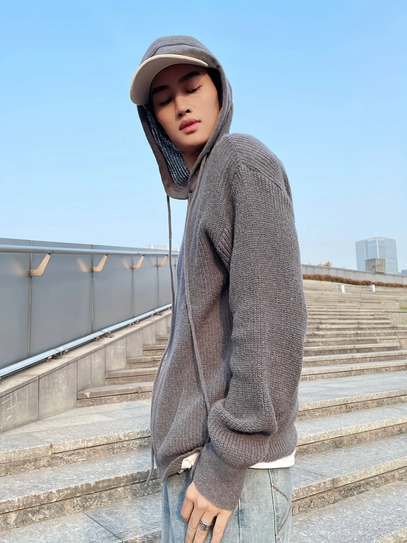 THADAN | Casual Mens Vest with Hood in Dark Gray